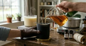 Artisan hand-pouring black leather candles using natural soy wax in a workshop.