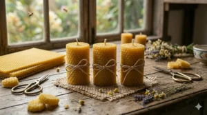 A set of three small raw honey votive candles wrapped in twine for a sustainable gift idea.