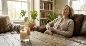 An illustration of a person relaxing in an armchair with the calming aroma of a tobacco leaf candle nearby.