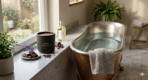 Illustration of a spa-like bathroom setting featuring glowing dark chocolate candles for aromatherapy and relaxation.