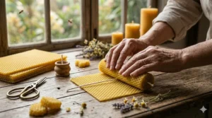 Hands carefully rolling a sheet of golden beeswax to create a textured raw honey candle.