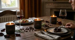 A romantic dinner table setting illuminated by the warm glow of flickering dark chocolate scented candles.
