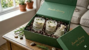 A beautifully wrapped gift box containing a set of fresh rosemary candles and dried herbs.
