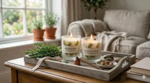 Two fresh rosemary candles styled on a wooden tray as organic home decor elements.