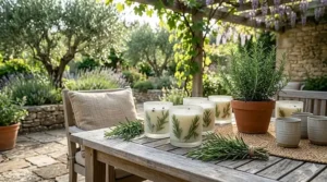 Fresh rosemary candles placed on an outdoor patio table to create a refreshing atmosphere.