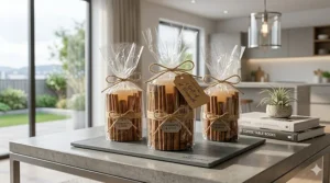 Cinnamon stick candles placed safely on a heat-resistant stone coaster in a modern living room.