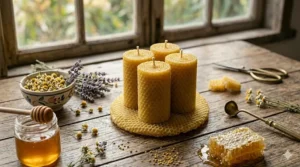 Raw honey candles arranged with dried wildflowers and a jar of honey to emphasize the natural floral aroma.
