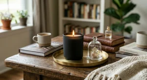 Modern living room coffee table decor featuring lit black leather candles for a cozy atmosphere.