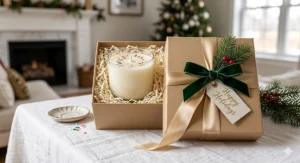A beautifully wrapped sugar cookie candle in a gift box with a ribbon, perfect for holiday gifting.