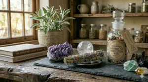 A graphic highlighting the sustainable and eco-friendly materials of a white sage candle.