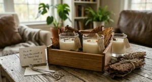 An elegantly packaged tobacco leaf candle in a textured cardboard box, perfect for gifting.