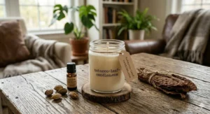 A visual breakdown of a tobacco leaf candle scent profile, showing notes of cedarwood, vanilla, and dried tobacco.