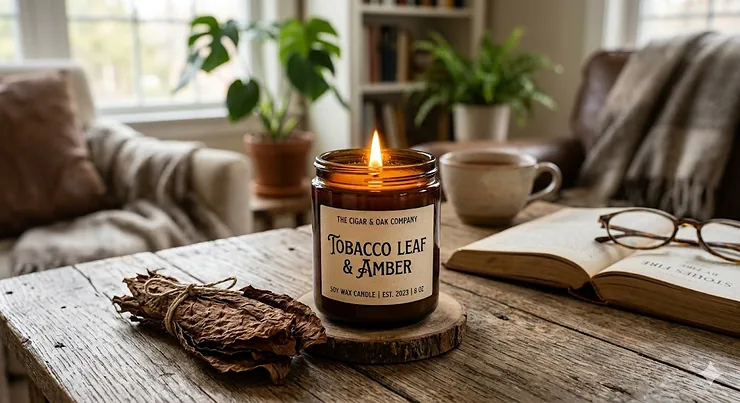 A luxury tobacco leaf scented candle burning on a wooden table next to raw, dried tobacco leaves. tobacco leaf candles