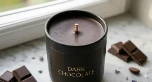 A close-up view of a dark chocolate candle’s smooth wax surface and cotton wick before lighting.