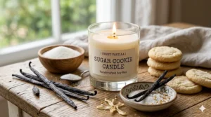 A lit candle surrounded by vanilla beans and a bowl of sugar to illustrate the sugar cookie fragrance notes.