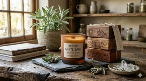 Illustration showing the aromatherapy benefits of white sage candles for stress relief.
