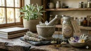 A white sage candle styled on a modern bookshelf with indoor plants.